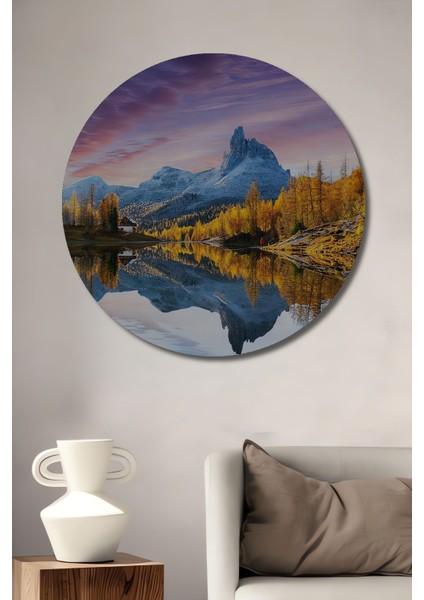 Ahşap Tablo Manzara 3 Boyutlu Dolomitler Dekor Orman Dekor Şık Yuvarlak Duvar Dekorasyon Tablosu