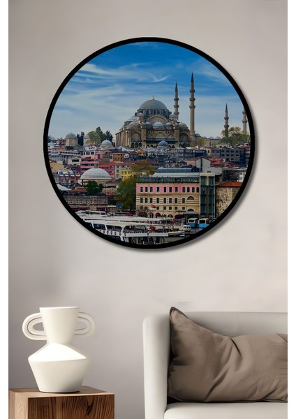 Dekoratif Istanbul Manzara Duvar Tablo Ahşap Yuvarlak Tablo