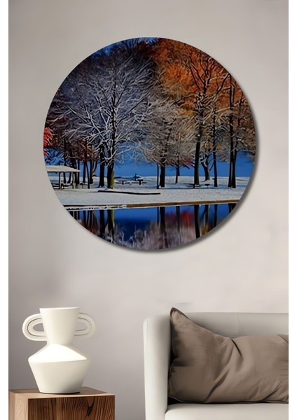Dekoratif Göl ve Orman Manzarası Ahşap Tablo Şık Yuvarlak Duvar Dekorasyon Tablosu