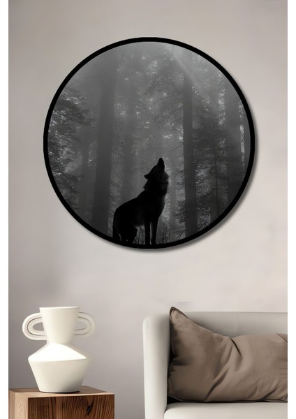 Dekoratif Ormanda Uluyan Kurt Duvar Tablo Ahşap Yuvarlak Tablo