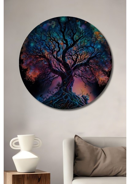 Dekoratif 3 Boyutlu Tropikal Doğa Manzara Temalı Ahşap Tablo Şık Yuvarlak Duvar Dekorasyon Tablosu