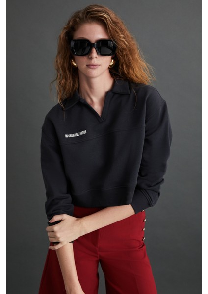 Shanell Kadın Organik Pamuklu Içi Şardonlu Nakış Detaylı Polo V Yaka Örme Crop Antrasit Sweatshirt