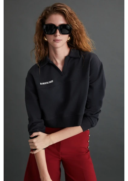 Shanell Kadın Organik Pamuklu Içi Şardonlu Nakış Detaylı Polo V Yaka Örme Crop Antrasit Sweatshirt