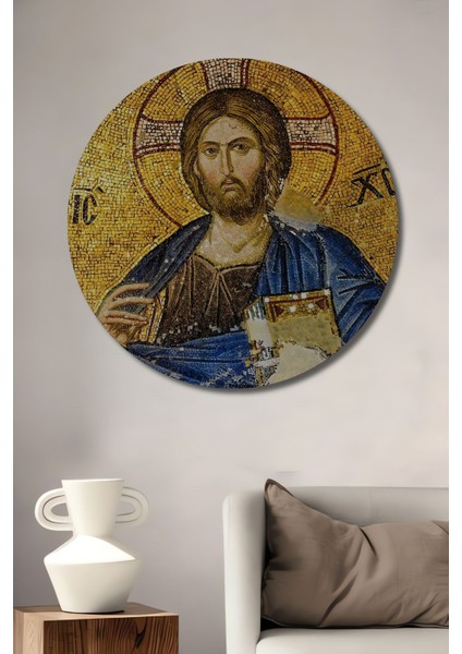 Ahşap Tablo Isa Mesih Mozaik Isa Mozaik 3 Boyutlu Fresk Dekor Şık Yuvarlak Duvar Dekorasyon Tablosu