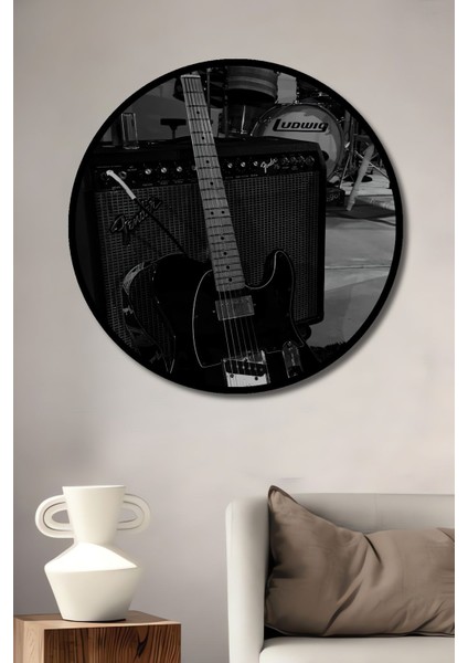 Dekoratif Gitar ve Bateri Enstrümanlar Duvar Tablo Ahşap Yuvarlak Tablo