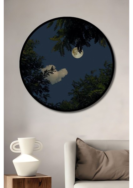 Dekoratif Ormandan Dolunay Manzara Duvar Tablo Ahşap Yuvarlak Tablo
