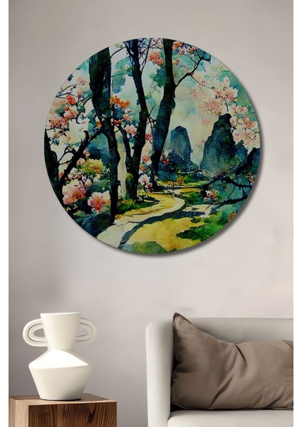 Dekoratif Soyut Renkli Orman Yolu Ahşap Tablo Şık Yuvarlak Duvar Dekorasyon Tablosu