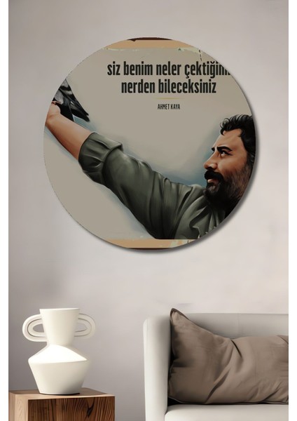 Dekoratif Tablo Ahmet Kaya Retro Ahşap Poster Şık Yuvarlak Duvar Dekorasyon Tablosu