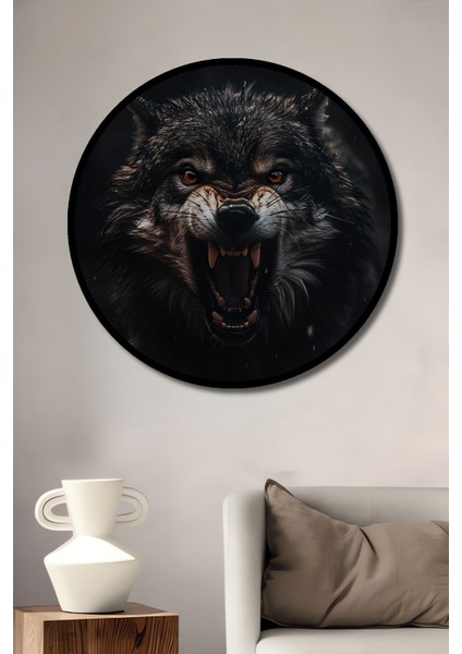 Dekoratif Kükreyen Kurt Duvar Tablo Ahşap Yuvarlak Tablo