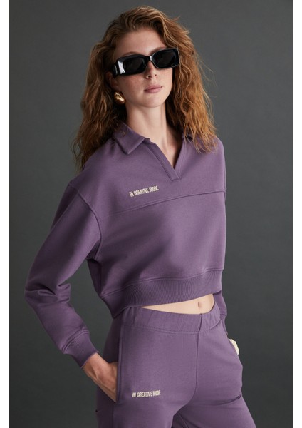 Shanell Kadın Organik Pamuklu Içi Şardonlu Nakış Detaylı Polo V Yaka Örme Crop Mor Sweatshirt