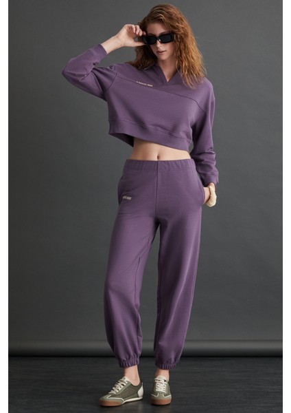 Shanell Kadın Organik Pamuklu Içi Şardonlu Nakış Detaylı Polo V Yaka Örme Crop Mor Sweatshirt fiyatları
