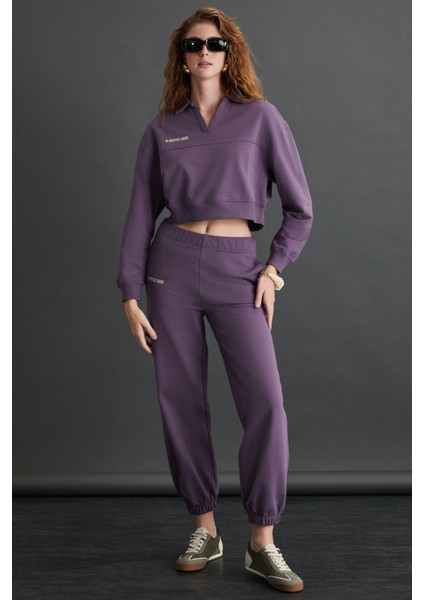 Shanell Kadın Organik Pamuklu Içi Şardonlu Nakış Detaylı Polo V Yaka Örme Crop Mor Sweatshirt modelleri