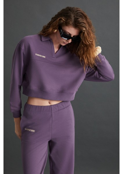 Shanell Kadın Organik Pamuklu Içi Şardonlu Nakış Detaylı Polo V Yaka Örme Crop Mor Sweatshirt fırsatları