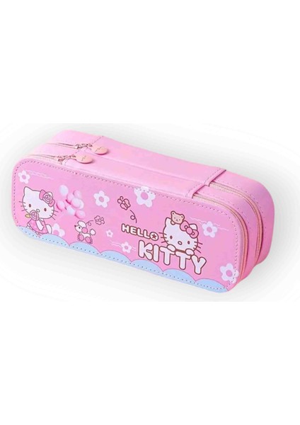 Geniş Hello Kitty Tasarımlı Suni Deri Çift Katmanlı Düzenleyici Kalem Kutusu