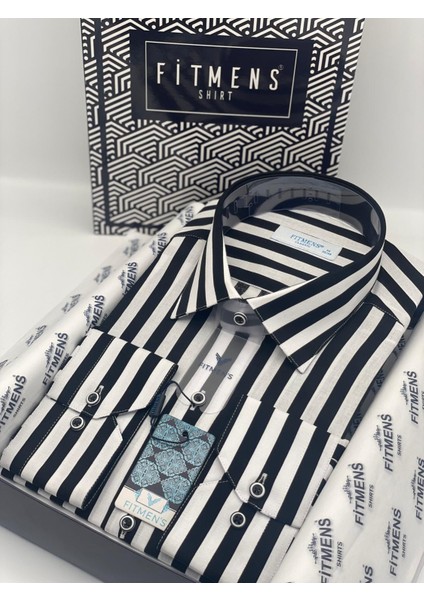 Klasik Uzun Kol Çizgili Yaka Düğmeli Cepsiz Erkek Gömlek T.1269 Siyah Beyaz