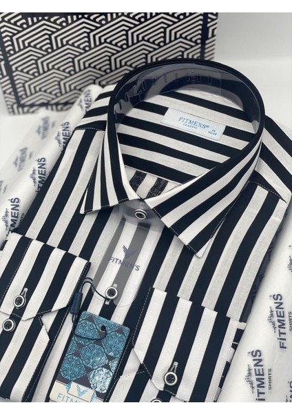 Klasik Uzun Kol Çizgili Yaka Düğmeli Cepsiz Erkek Gömlek T.1269 Siyah Beyaz fiyatları