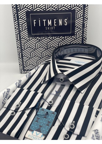 Klasik Uzun Kol Çizgili Yaka Düğmeli Cepsiz Erkek Gömlek T.1269 Siyah Beyaz modelleri