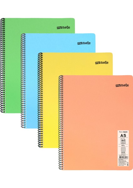 Flex Neon A5 Defter 80 Yaprak Kareli Defter 4 Adet