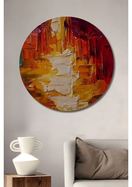 Altın Beyaz Kırmızı Mavi Fırça Darbeleri Soyut Yağlı Boya Görünümlü Ahşap Tablo Yuvarlak Duvar Tablo