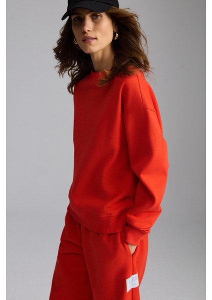 Sahıan Kadın Organik Pamuk 3 Iplik Içi Şardonlu Kol Etiket Detaylı Regular Kırmızı Sweatshirt fırsatları