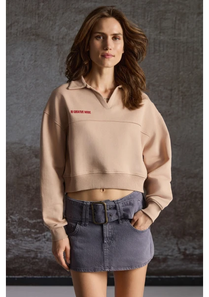 Shanell Kadın Organik Pamuklu Içi Şardonlu Nakış Detaylı Polo V Yaka Örme Crop Vizon Sweatshirt