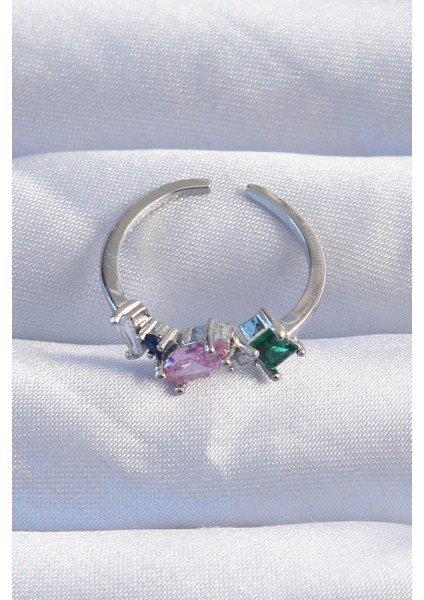 Pirinç Gümüş Renk Renkli Zirkon Taşlı Ayarlanabilir Yüzük fiyatları