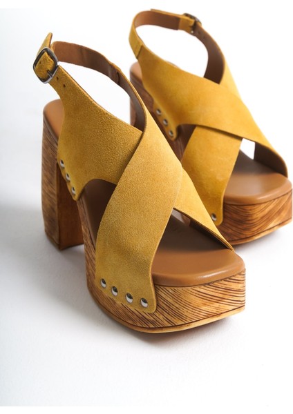 Mubiano Hakiki Deri Collection Kadın Süet Takunya Sandalet Hardal - MCGVN1502 - HRD