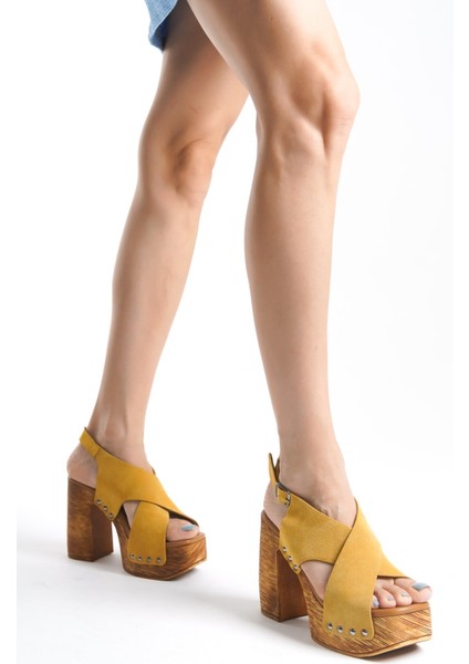 Mubiano Hakiki Deri Collection Kadın Süet Takunya Sandalet Hardal - MCGVN1502 - HRD fırsatları