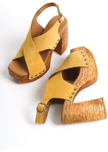 Mubiano Hakiki Deri Collection Kadın Süet Takunya Sandalet Hardal - MCGVN1502 - HRD indirimleri