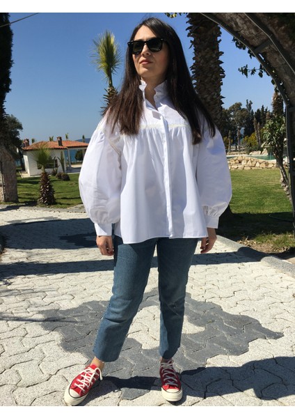 Beyaz Poplin, Fisto Detaylı, Uzun Kollu, Düğmeli Gömlek indirimleri