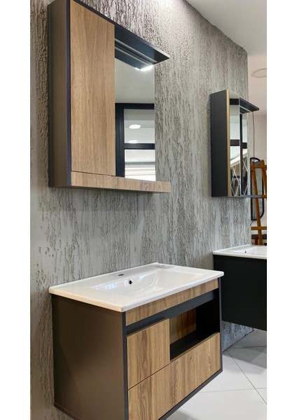 Atlantik Çam-Antrasit Gri Mat Mdf Seramik Lavabolu Asma Banyo Dolabı Takımı