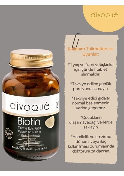 Saç Vitamini 60 Tablet - (5000 Mcg Biotin + Kolajen Tip I - Tip III+ Çinko + Demir...)