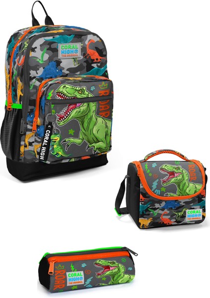 Kids Dinozor Desenli Siyah Gri 3’lü Okul Çanta Seti 3SET23744