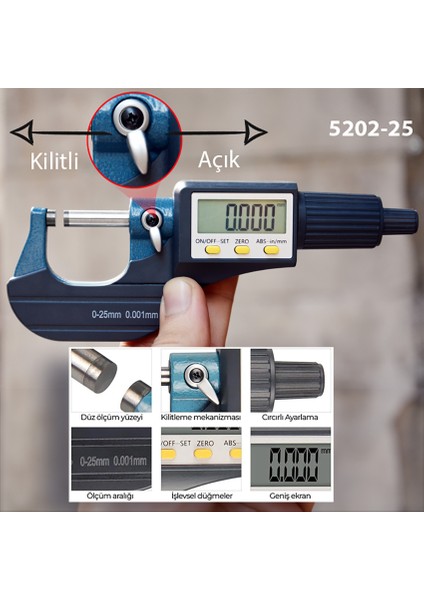 5202-25 Dijital Hassas Mikrometre 0-25 mm | 0.001 Hassas Ölçüm Cihazı