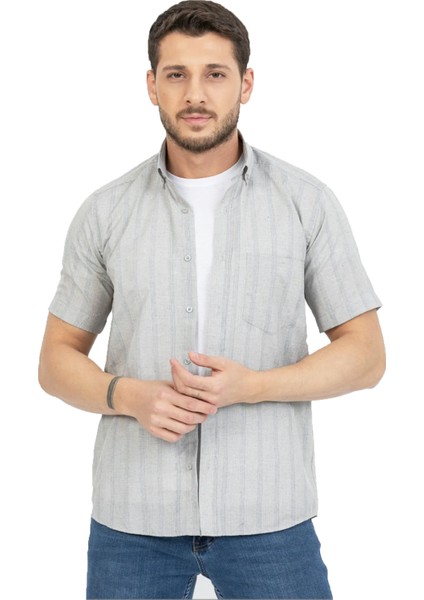 Erkek Gri Çizgili Pamuklu Cepli Kısa Kollu Gömlek