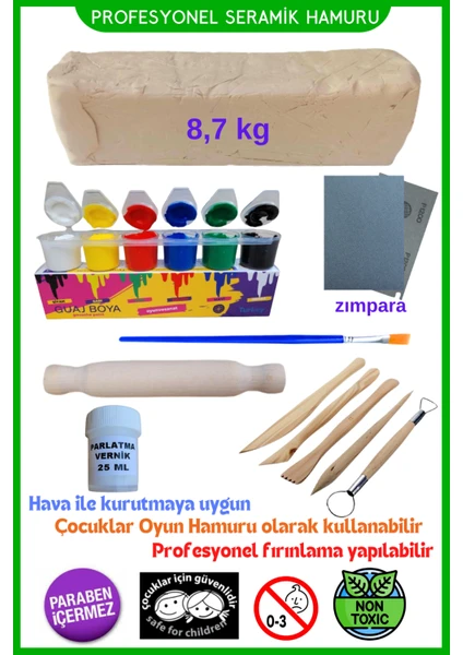 Oyun ve Sanat Seramik Hamuru 8,7 Kg, 5li Ahşap Ebeşuar (Modelaj Seti), Zımpara, Merdane, Guaj Boya, Fırça, Doğal Kil Çamuru