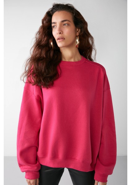 VANELTINA Kadın Bisiklet Yaka İçi Polarlı Oversize Fit Basic Pembe Sweatshirt