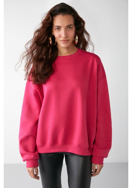 VANELTINA Kadın Bisiklet Yaka İçi Polarlı Oversize Fit Basic Pembe Sweatshirt