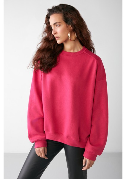 VANELTINA Kadın Bisiklet Yaka İçi Polarlı Oversize Fit Basic Pembe Sweatshirt