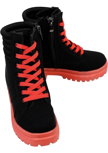 Kız Çocuk Fermuarlı Kürklü Bot Siyah - Turuncu