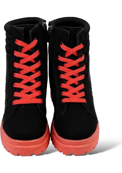 Kız Çocuk Fermuarlı Kürklü Bot Siyah - Turuncu