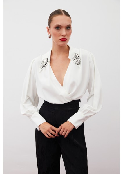 Aksesuar Detaylı Bodysuit Bluz - Ekru fırsatları