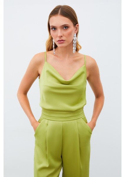 Degaje Yaka Saten Bluz - Yağ Yeşili