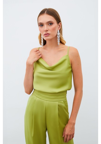 Degaje Yaka Saten Bluz - Yağ Yeşili fiyatları