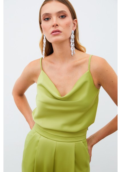 Degaje Yaka Saten Bluz - Yağ Yeşili modelleri