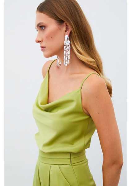 Degaje Yaka Saten Bluz - Yağ Yeşili fırsatları