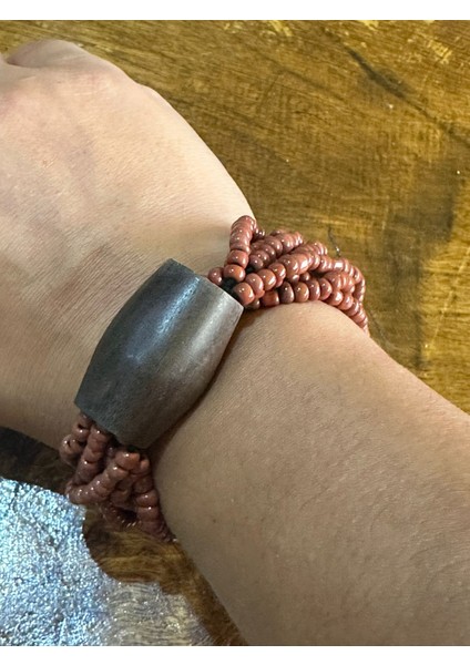 Kahverengi Ahşap Bambu Boncuklu Çoklu Kadın Bileklik