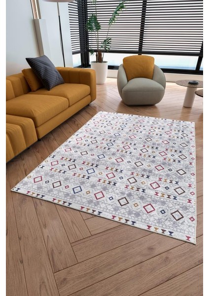 Anaska Home Kilim Desenli Beyaz Oturma Odası Halısı Salon Halısı Yıkanabilir Leke Tutmaz Yumuşak Dokulu