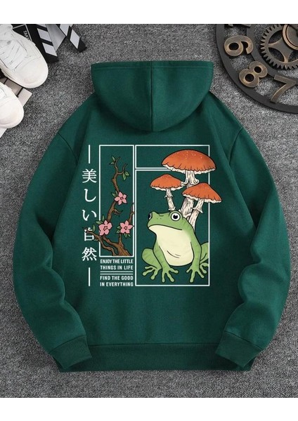 Oversize Unisex Kurbağa Baskılı Yeşil Kapüşonlu Sweatshirt