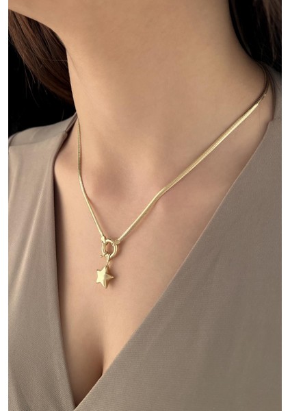 14 Ayar Altın Yıldız Detaylı İtalyan Balıksırtı Kolye